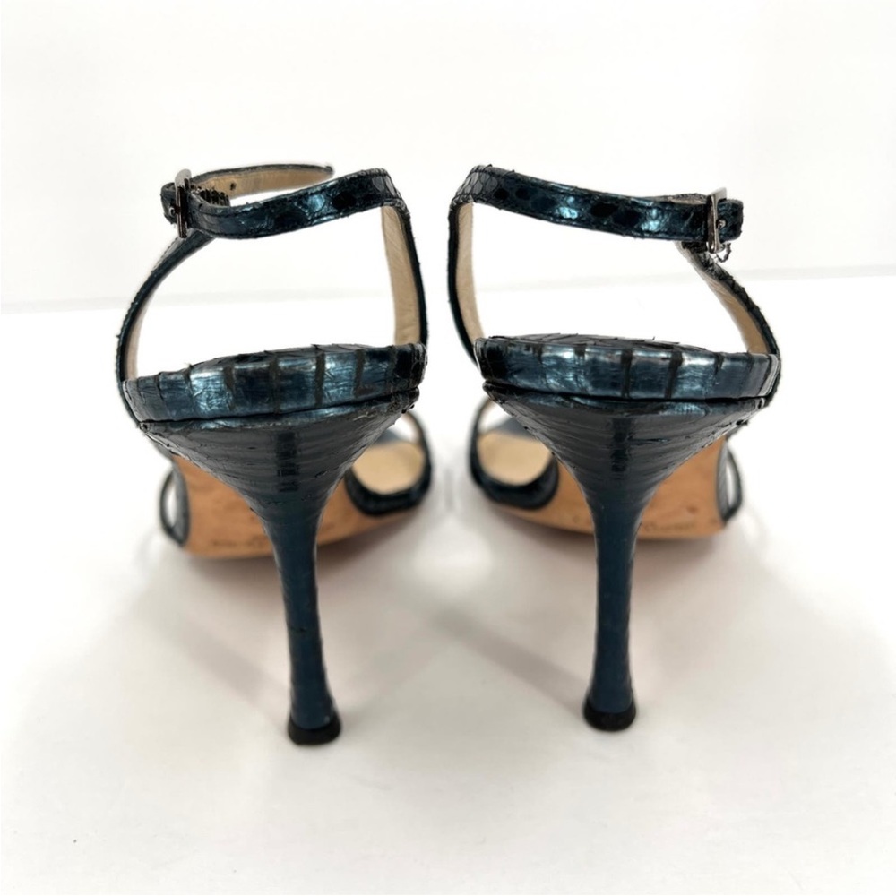 JIMMY CHOO Shoes Womens 38 Metallic Blue Snake Embossed Strappy Leather Sandal - Picture 3 of 14